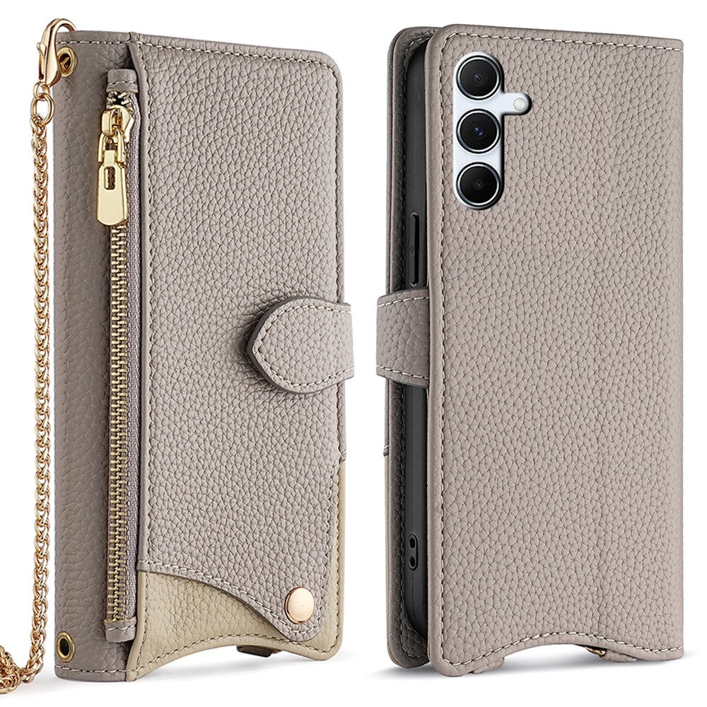 Til Samsung Galaxy A15 5G lædercover pung stativ med uregelmæssig hale-stil og kæderem