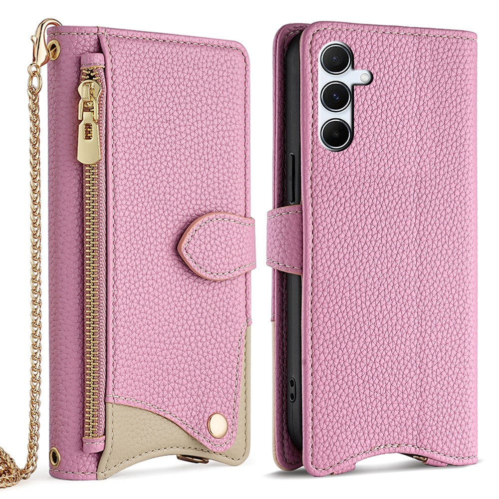 Til Samsung Galaxy A15 5G lædercover pung stativ med uregelmæssig hale-stil og kæderem