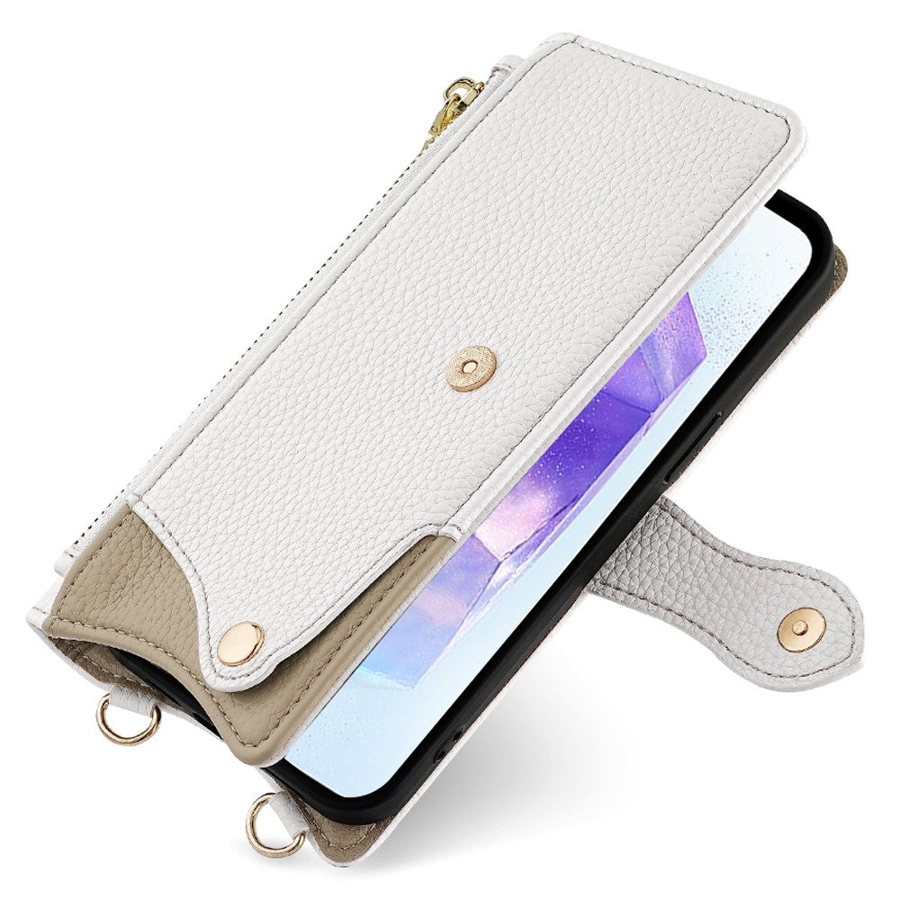 Til Samsung Galaxy A15 5G lædercover pung stativ med uregelmæssig hale-stil og kæderem