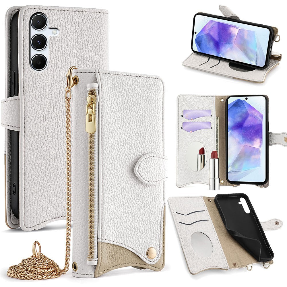 Til Samsung Galaxy A15 5G lædercover pung stativ med uregelmæssig hale-stil og kæderem