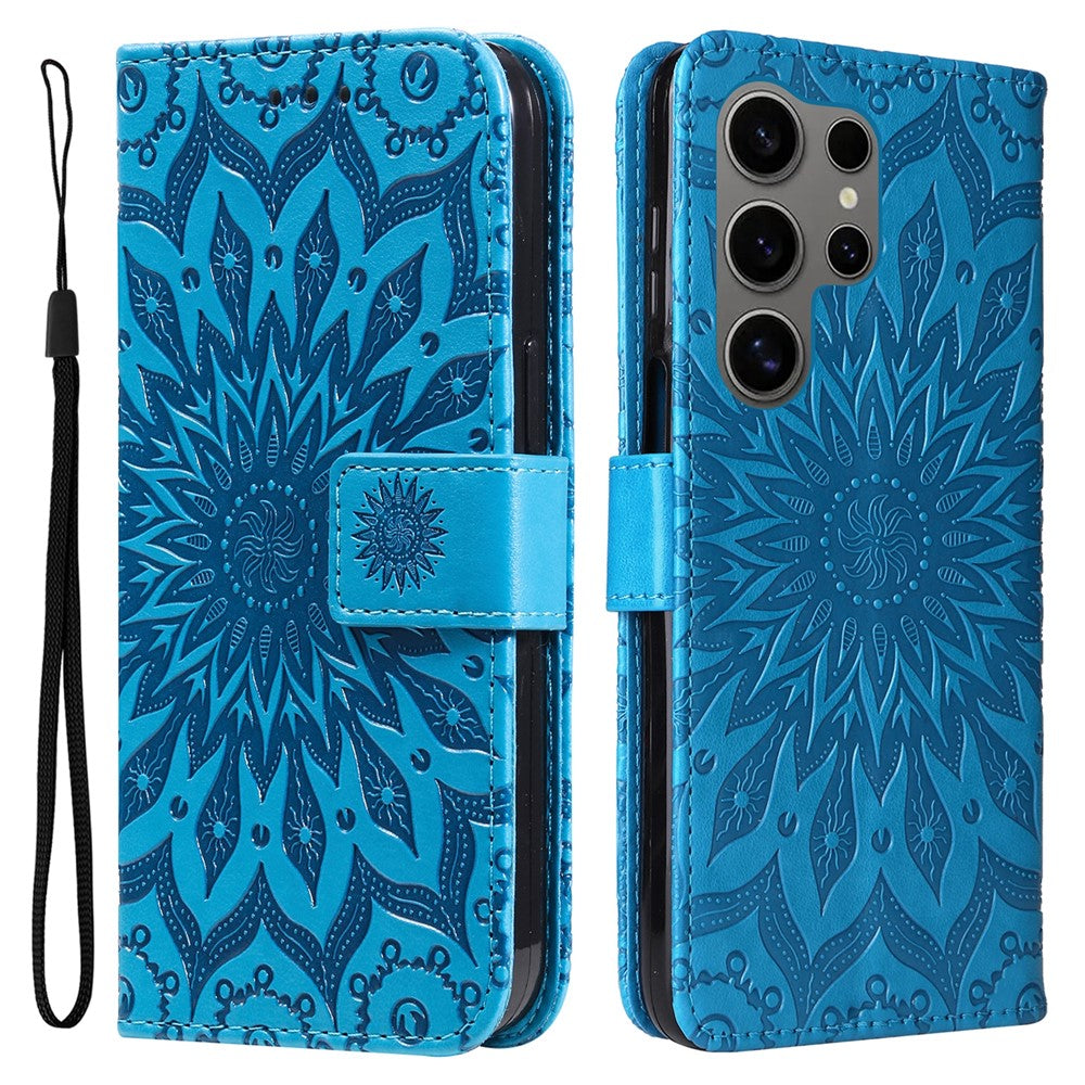 For Samsung Galaxy S25 Ultra Phone Case Sunflower Imprinted Leather Wallet Stand Cover with Strap