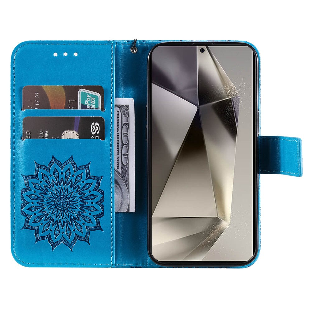 For Samsung Galaxy S25 Ultra Phone Case Sunflower Imprinted Leather Wallet Stand Cover with Strap