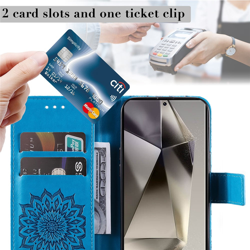 For Samsung Galaxy S25 Ultra Phone Case Sunflower Imprinted Leather Wallet Stand Cover with Strap