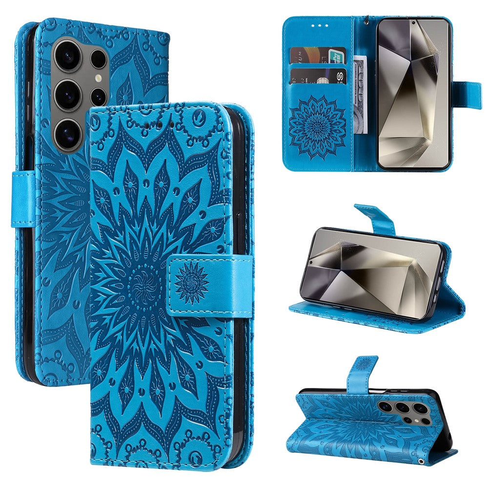 For Samsung Galaxy S25 Ultra Phone Case Sunflower Imprinted Leather Wallet Stand Cover with Strap