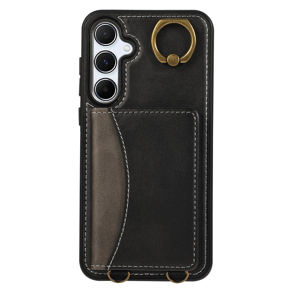 For Samsung Galaxy A55 5G PU Leather Back Case Card Holder Kickstand Phone Cover with Wrist Strap
