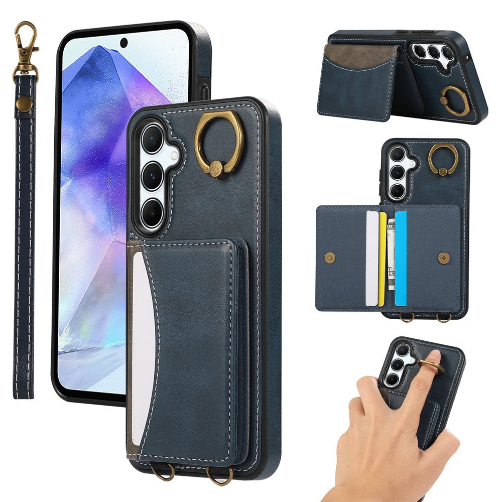 For Samsung Galaxy A55 5G PU Leather Back Case Card Holder Kickstand Phone Cover with Wrist Strap