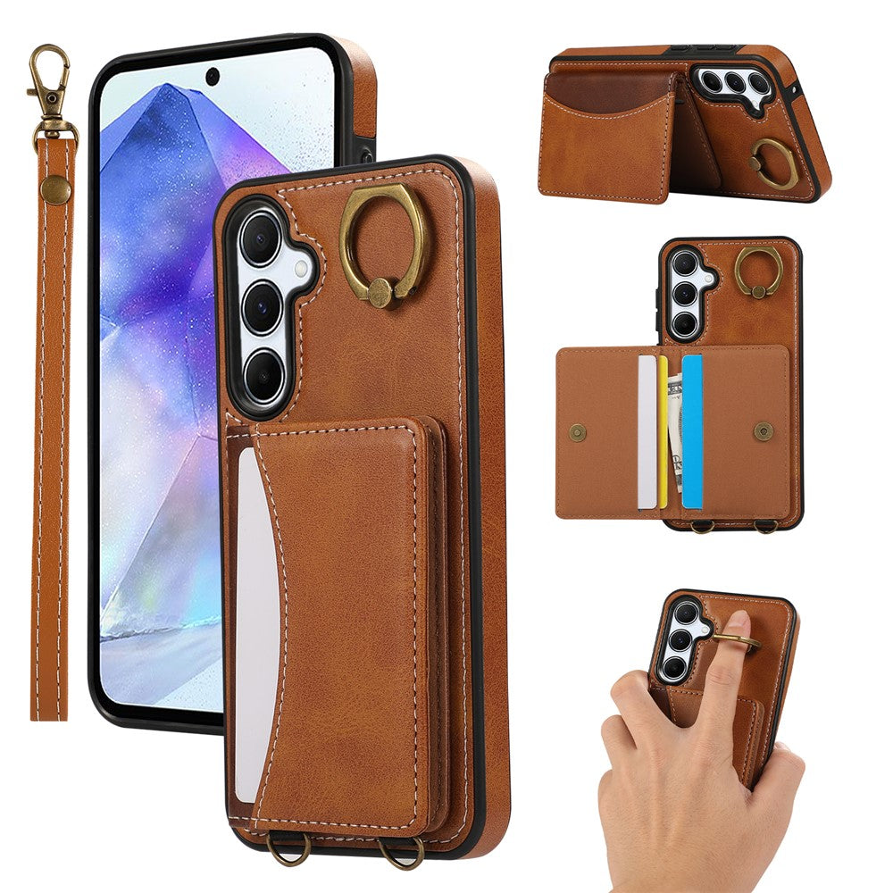 For Samsung Galaxy A55 5G PU Leather Back Case Card Holder Kickstand Phone Cover with Wrist Strap