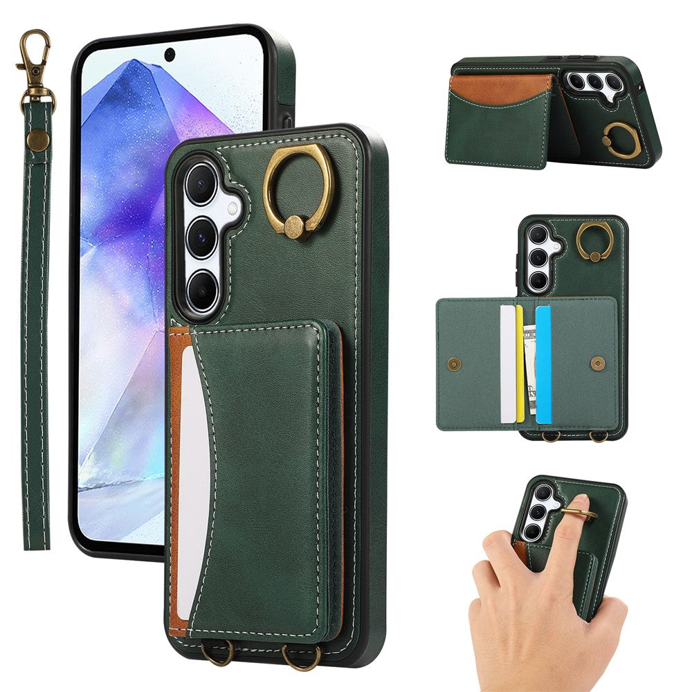 For Samsung Galaxy A55 5G PU Leather Back Case Card Holder Kickstand Phone Cover with Wrist Strap