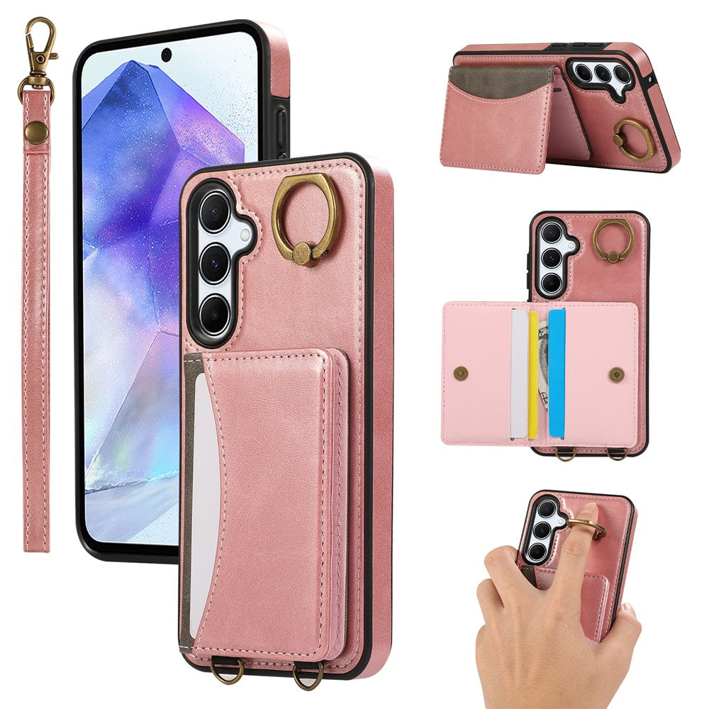For Samsung Galaxy A55 5G PU Leather Back Case Card Holder Kickstand Phone Cover with Wrist Strap