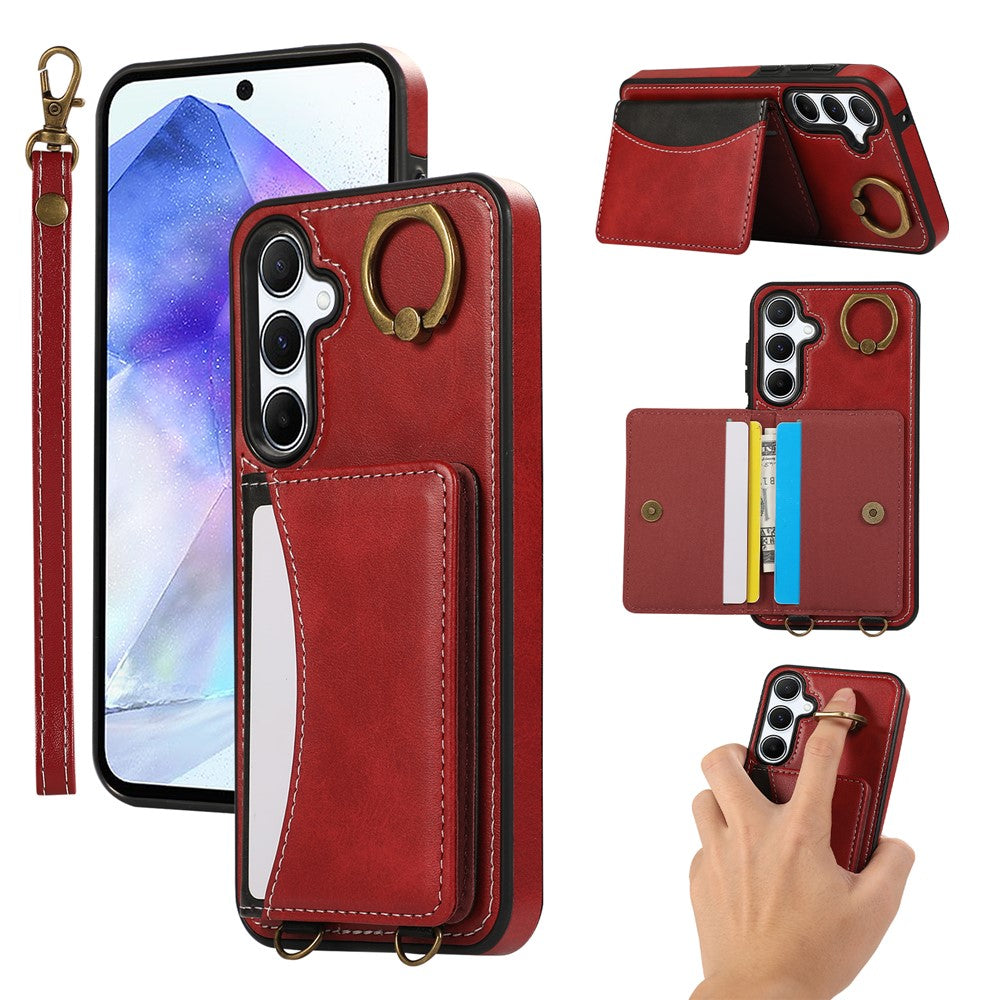For Samsung Galaxy A55 5G PU Leather Back Case Card Holder Kickstand Phone Cover with Wrist Strap