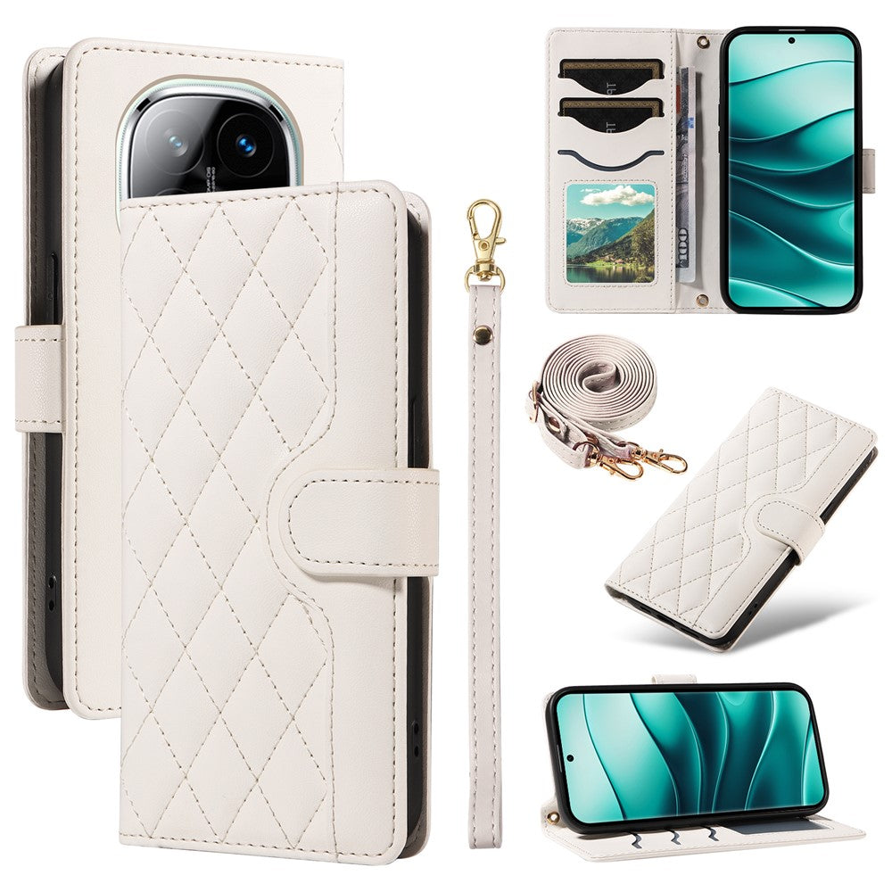 Xiaomi Redmi Note 14 Pro+ 5G / Note 14 Pro 5G / Poco X7 5G pung-etui, Rhombus-lædermobilcover med skulderrem og håndledsrem