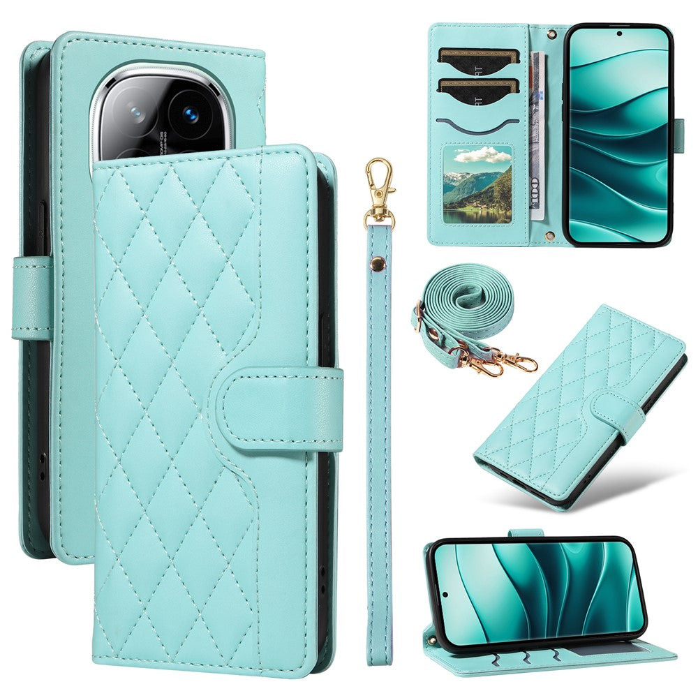 Xiaomi Redmi Note 14 Pro+ 5G / Note 14 Pro 5G / Poco X7 5G pung-etui, Rhombus-lædermobilcover med skulderrem og håndledsrem