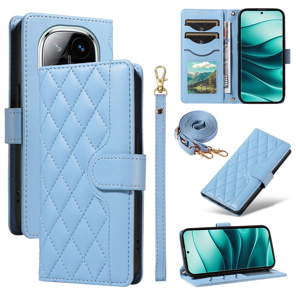 Xiaomi Redmi Note 14 Pro+ 5G / Note 14 Pro 5G / Poco X7 5G pung-etui, Rhombus-lædermobilcover med skulderrem og håndledsrem