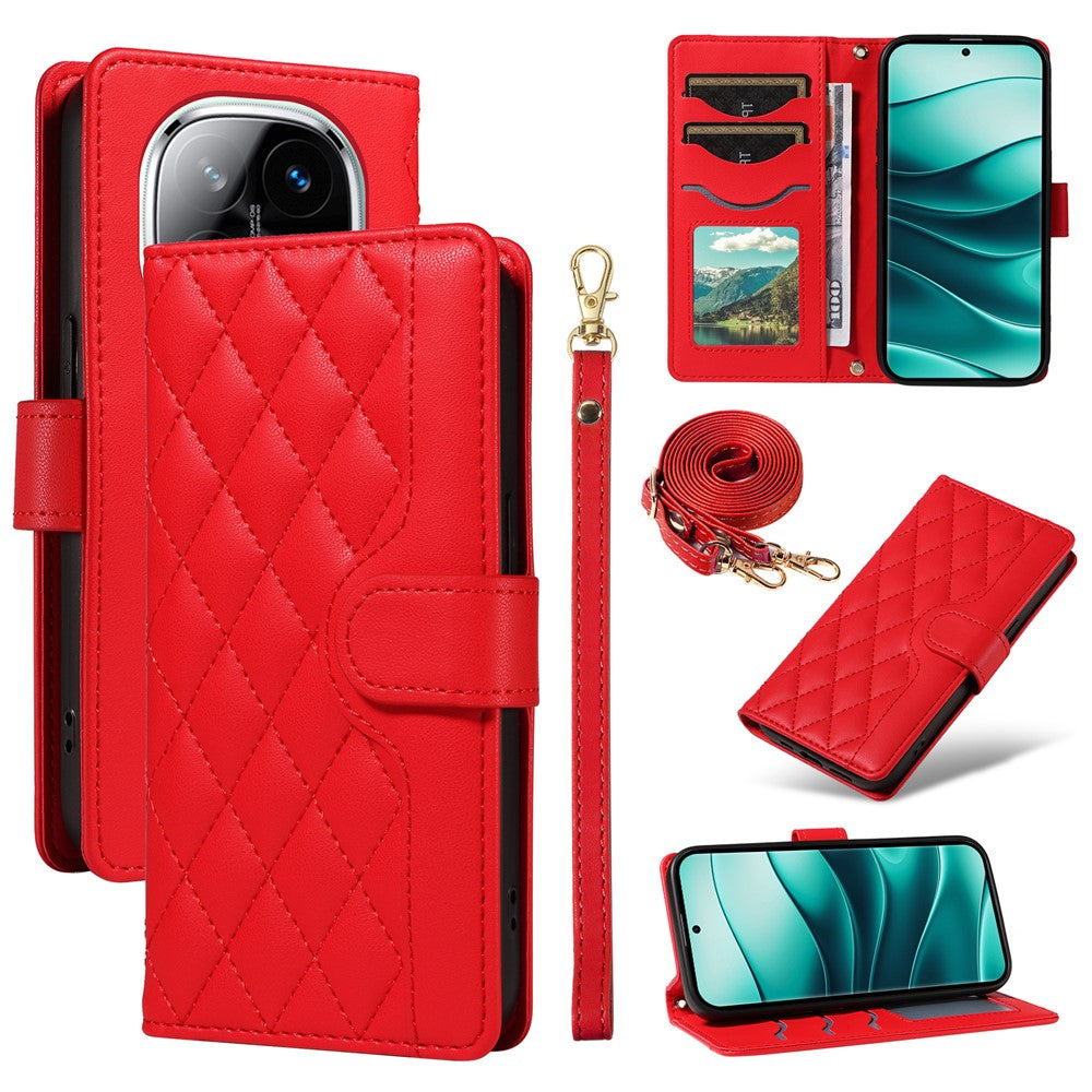 Xiaomi Redmi Note 14 Pro+ 5G / Note 14 Pro 5G / Poco X7 5G pung-etui, Rhombus-lædermobilcover med skulderrem og håndledsrem