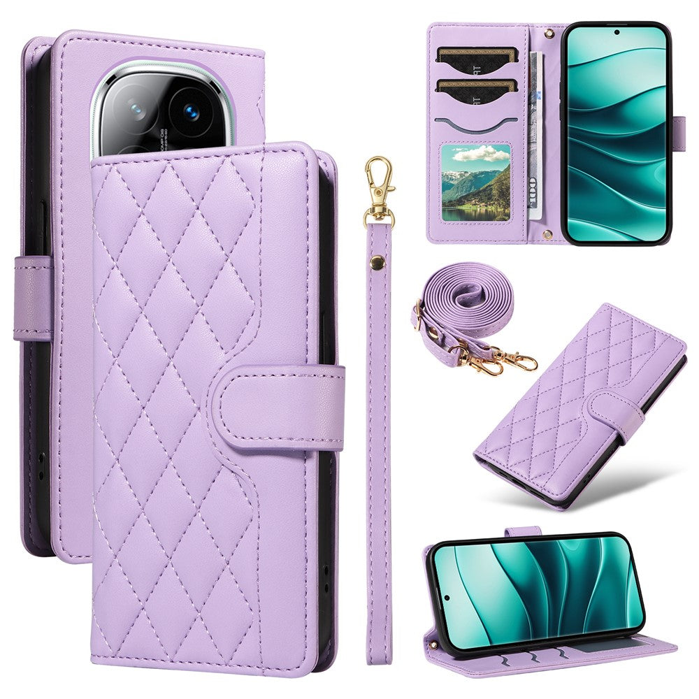 Xiaomi Redmi Note 14 Pro+ 5G / Note 14 Pro 5G / Poco X7 5G pung-etui, Rhombus-lædermobilcover med skulderrem og håndledsrem