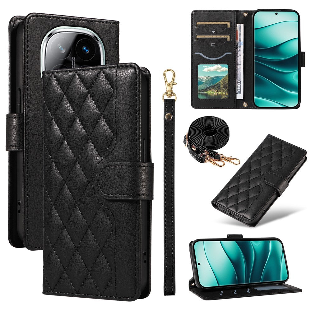 Xiaomi Redmi Note 14 Pro+ 5G / Note 14 Pro 5G / Poco X7 5G pung-etui, Rhombus-lædermobilcover med skulderrem og håndledsrem