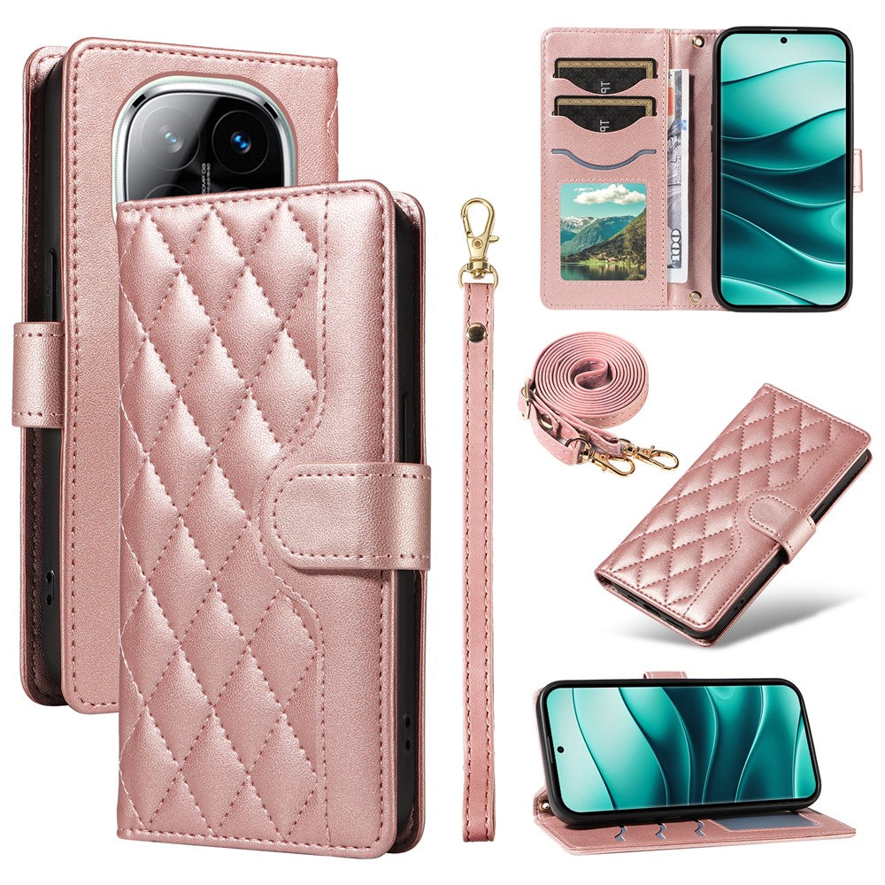 Xiaomi Redmi Note 14 Pro+ 5G / Note 14 Pro 5G / Poco X7 5G pung-etui, Rhombus-lædermobilcover med skulderrem og håndledsrem