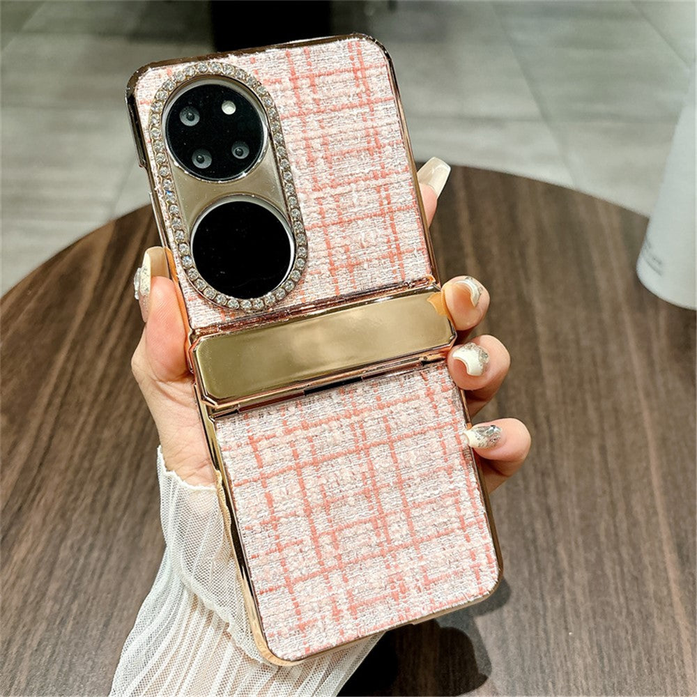 For Huawei P50 Pocket Case Plaid Texture Rhinestone Decor Hinge Protection PC Phone Cover