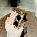 For Huawei P50 Pocket Case Plaid Texture Rhinestone Decor Hinge Protection PC Phone Cover