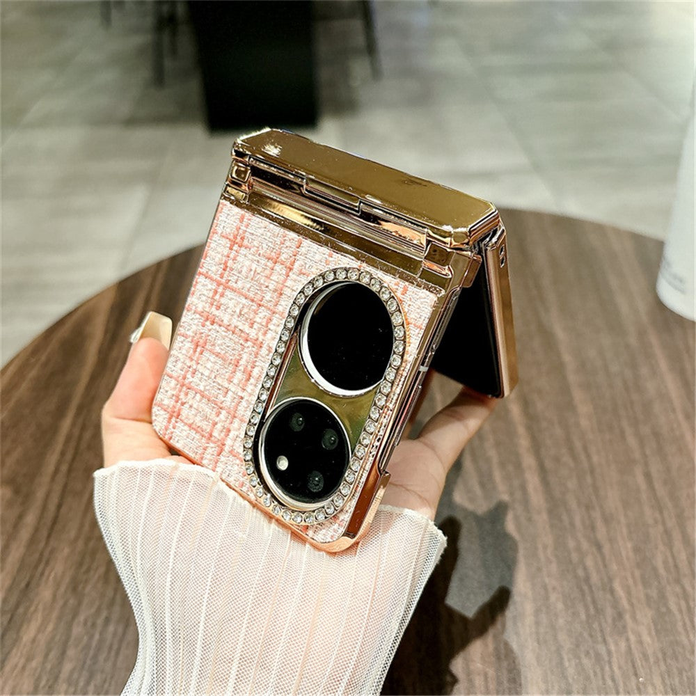 For Huawei P50 Pocket Case Plaid Texture Rhinestone Decor Hinge Protection PC Phone Cover