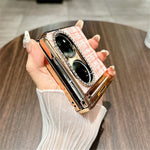 For Huawei P50 Pocket Case Plaid Texture Rhinestone Decor Hinge Protection PC Phone Cover