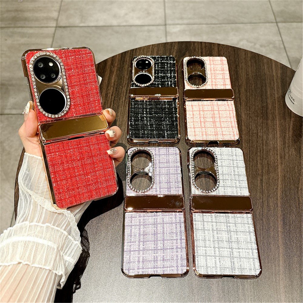 For Huawei P50 Pocket Case Plaid Texture Rhinestone Decor Hinge Protection PC Phone Cover