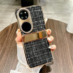 For Huawei P50 Pocket Case Plaid Texture Rhinestone Decor Hinge Protection PC Phone Cover