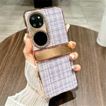For Huawei P50 Pocket Case Plaid Texture Rhinestone Decor Hinge Protection PC Phone Cover