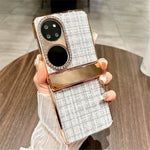For Huawei P50 Pocket Case Plaid Texture Rhinestone Decor Hinge Protection PC Phone Cover