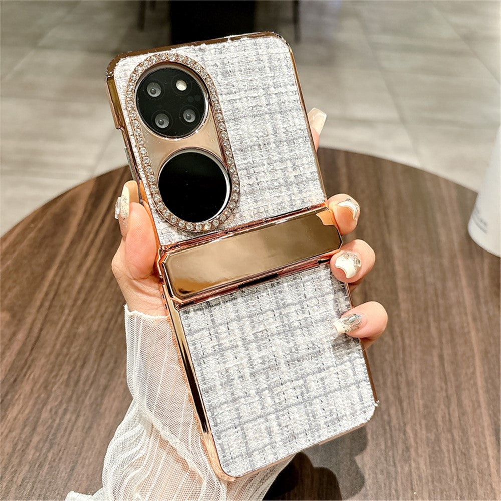 For Huawei P50 Pocket Case Plaid Texture Rhinestone Decor Hinge Protection PC Phone Cover