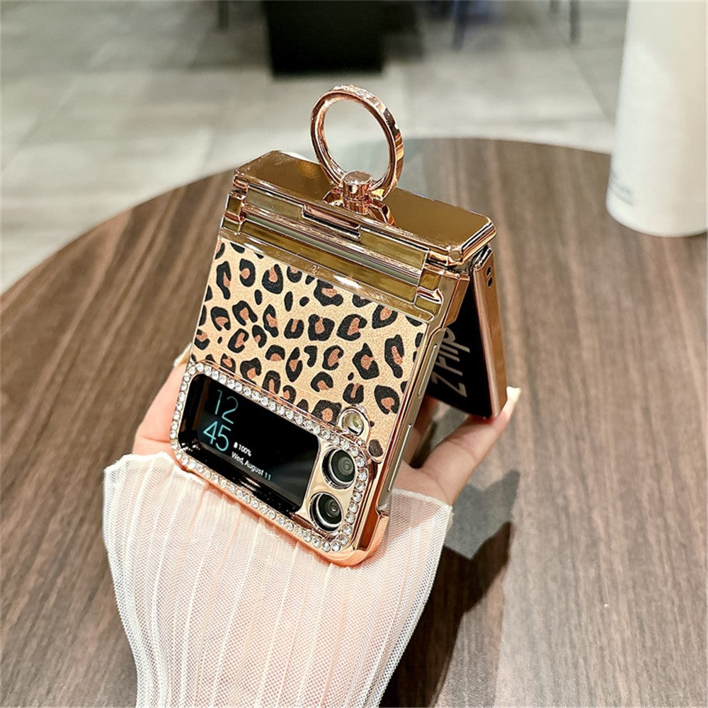 For Samsung Galaxy Z Flip3 5G Case Leopard Pattern Ring Holder Rhinestone Hard PC Phone Cover