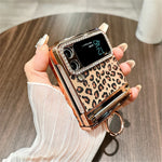 For Samsung Galaxy Z Flip3 5G Case Leopard Pattern Ring Holder Rhinestone Hard PC Phone Cover