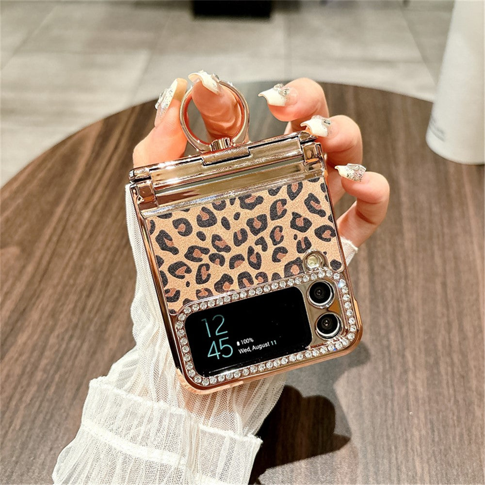 For Samsung Galaxy Z Flip3 5G Case Leopard Pattern Ring Holder Rhinestone Hard PC Phone Cover