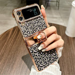 For Samsung Galaxy Z Flip4 5G Case Leopard Pattern Ring Holder Rhinestone Hard PC Phone Cover