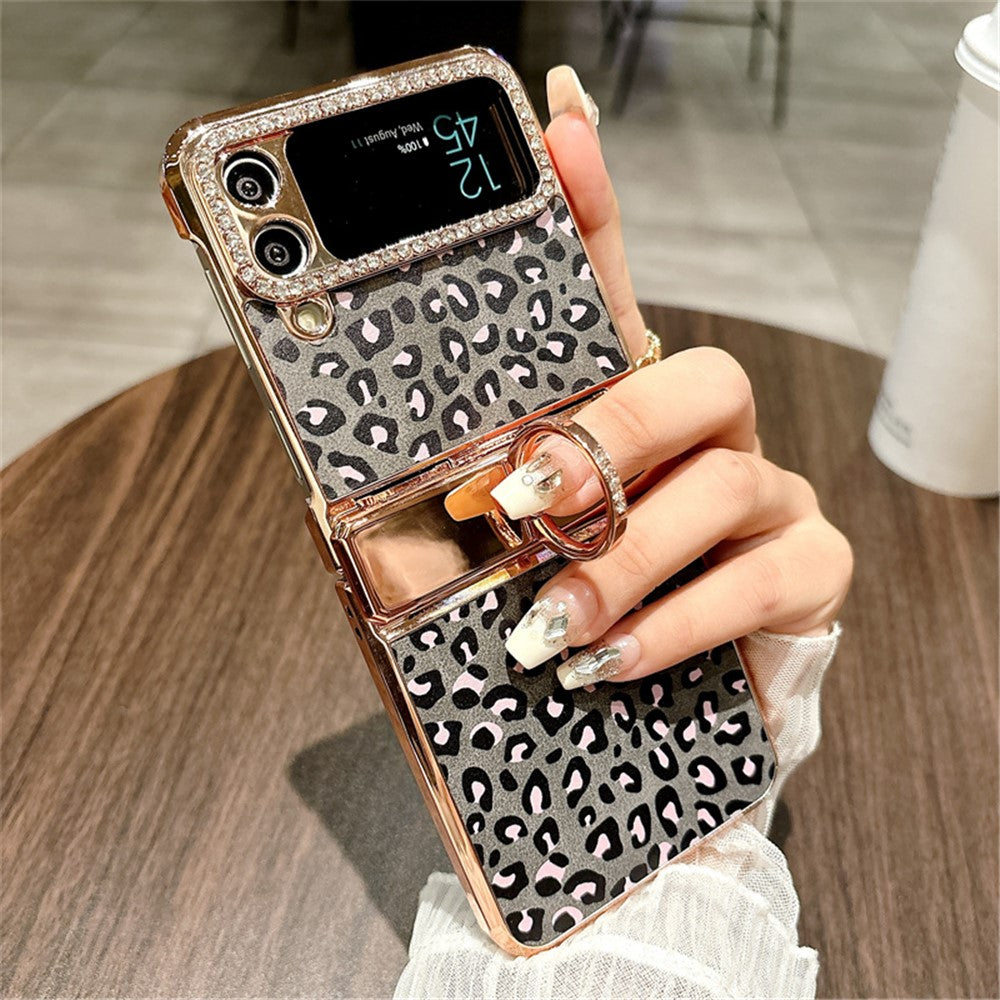For Samsung Galaxy Z Flip4 5G Case Leopard Pattern Ring Holder Rhinestone Hard PC Phone Cover