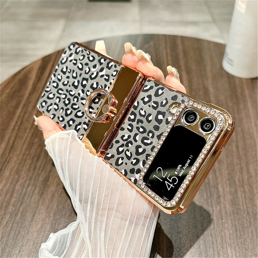 For Samsung Galaxy Z Flip4 5G Case Leopard Pattern Ring Holder Rhinestone Hard PC Phone Cover