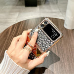 For Samsung Galaxy Z Flip4 5G Case Leopard Pattern Ring Holder Rhinestone Hard PC Phone Cover