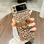For Samsung Galaxy Z Flip4 5G Case Leopard Pattern Ring Holder Rhinestone Hard PC Phone Cover