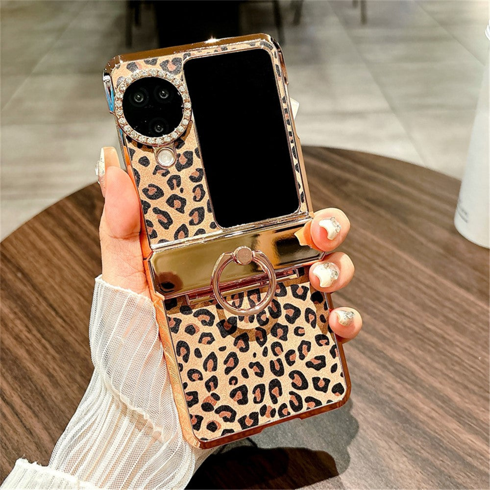 For Oppo Find N3 Flip 5G Case Leopard Pattern Ring Holder Rhinestone Hard PC Phone Cover