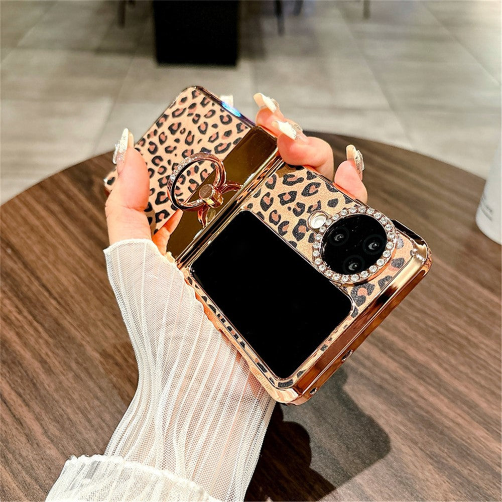 For Oppo Find N3 Flip 5G Case Leopard Pattern Ring Holder Rhinestone Hard PC Phone Cover