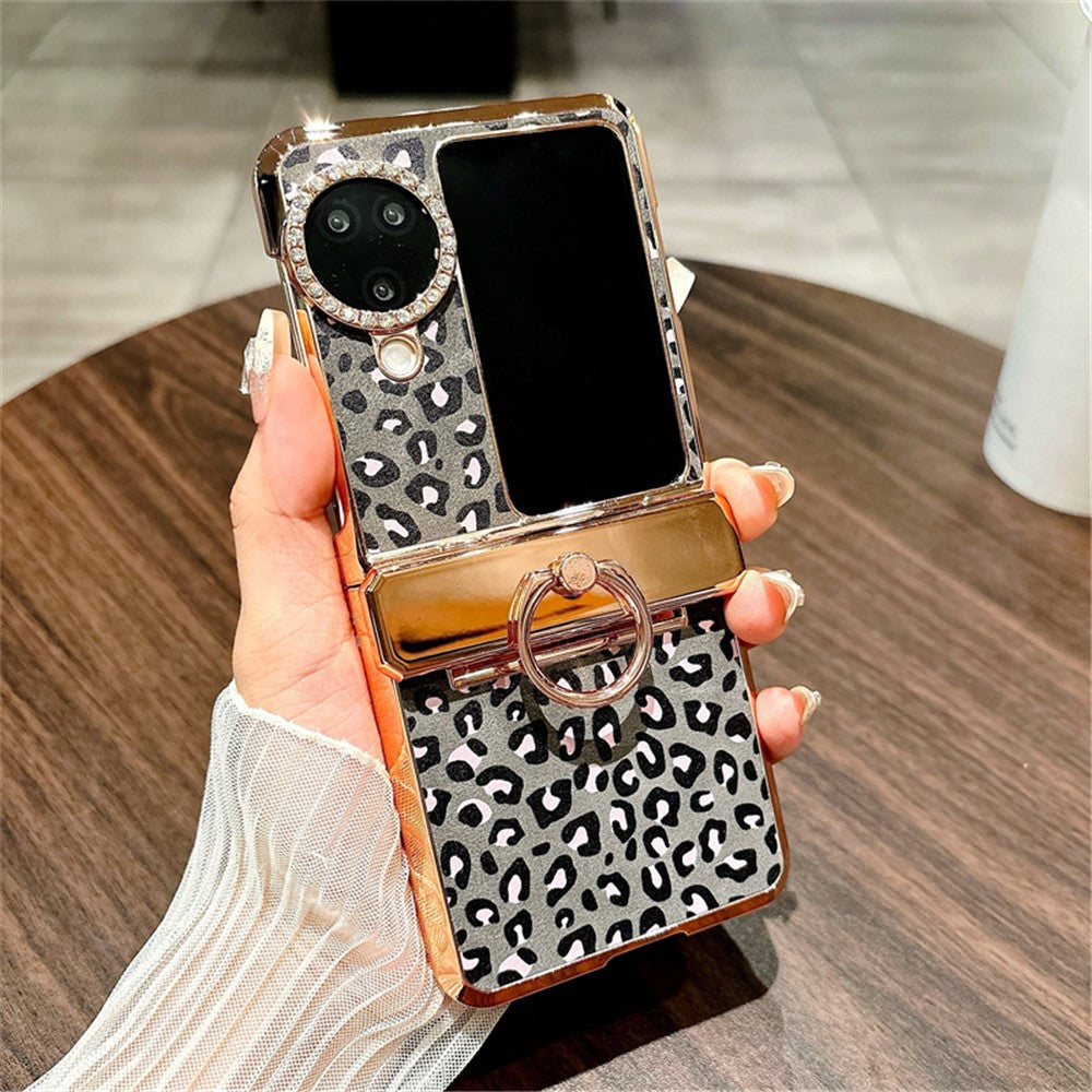 For Oppo Find N3 Flip 5G Case Leopard Pattern Ring Holder Rhinestone Hard PC Phone Cover