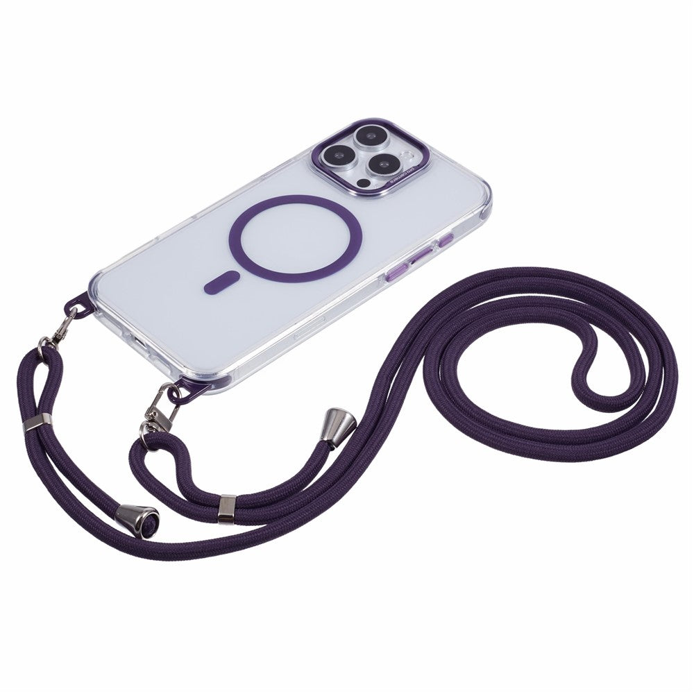 Til iPhone 16 Pro gennemsigtigt cover kompatibelt med MagSafe, stødsikkert PC+TPU telefoncover med 150 cm lang snor