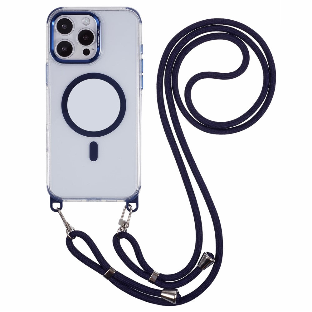 Til iPhone 16 Pro gennemsigtigt cover kompatibelt med MagSafe, stødsikkert PC+TPU telefoncover med 150 cm lang snor