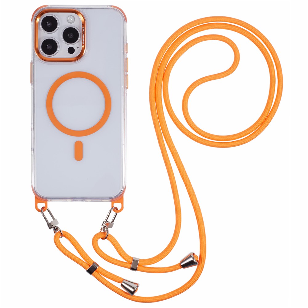 Til iPhone 16 Pro gennemsigtigt cover kompatibelt med MagSafe, stødsikkert PC+TPU telefoncover med 150 cm lang snor