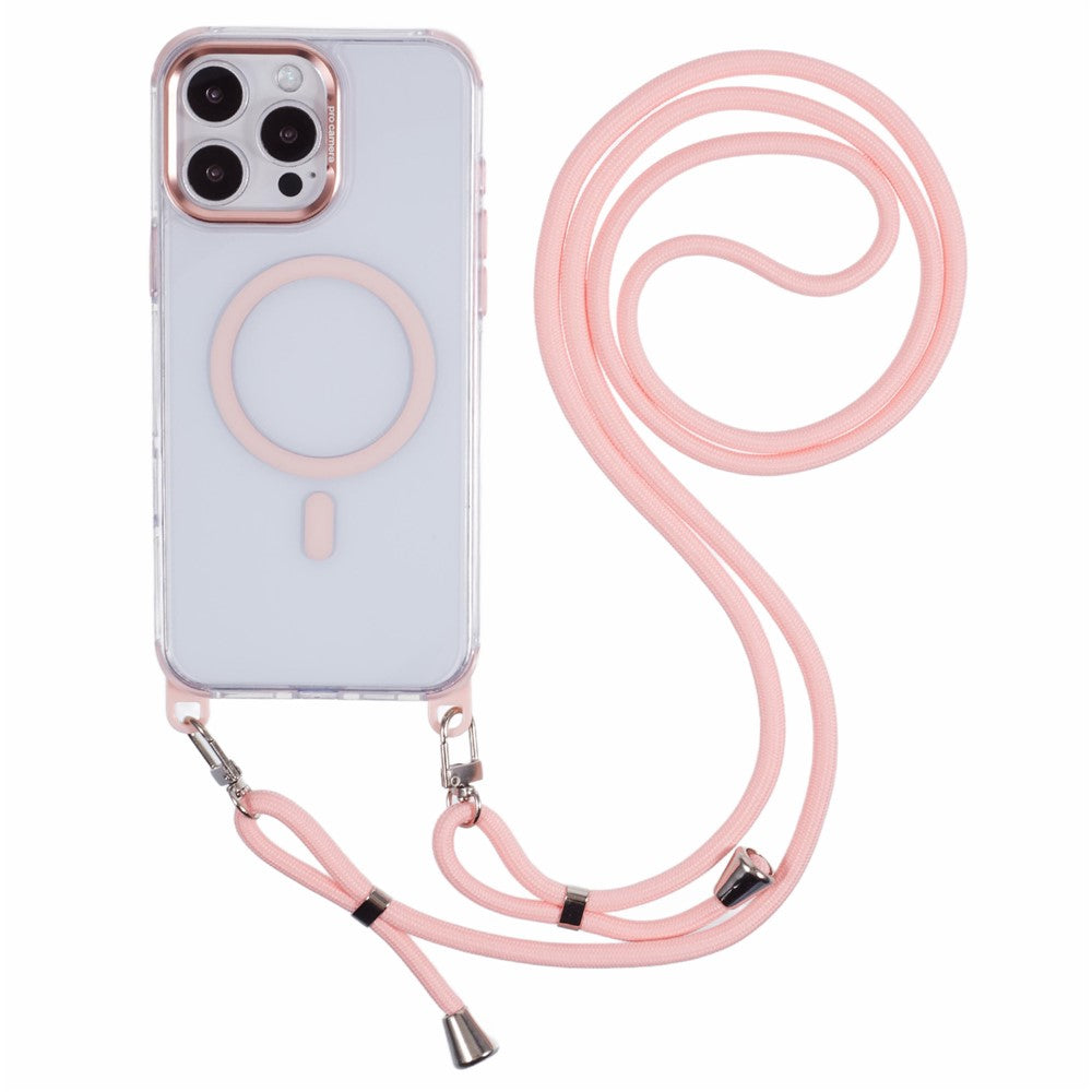 Til iPhone 16 Pro gennemsigtigt cover kompatibelt med MagSafe, stødsikkert PC+TPU telefoncover med 150 cm lang snor