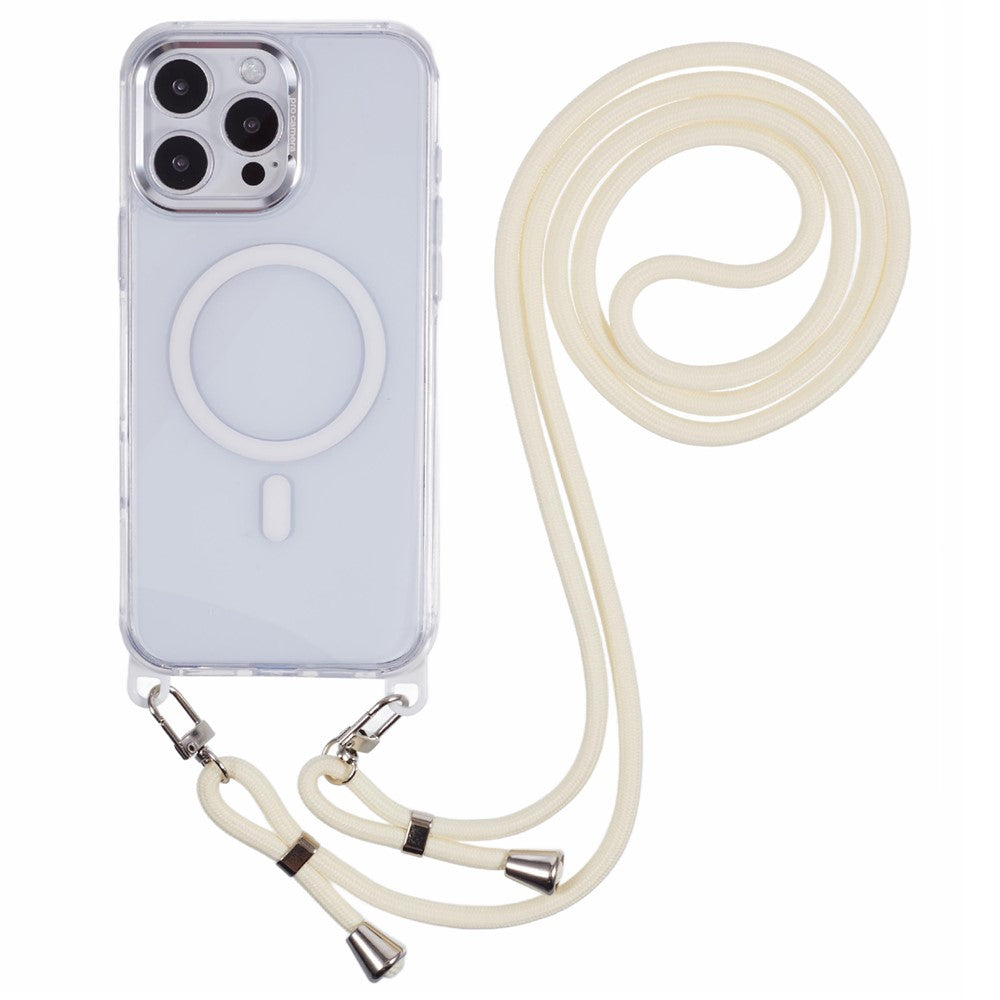 Til iPhone 16 Pro gennemsigtigt cover kompatibelt med MagSafe, stødsikkert PC+TPU telefoncover med 150 cm lang snor
