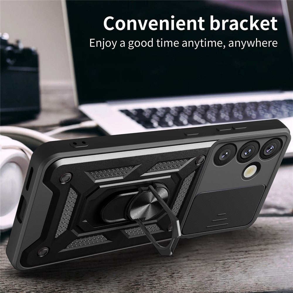Til Samsung Galaxy S25+ Cover med glidende kameralinsebeskytter PC+TPU Kickstand Telefoncover