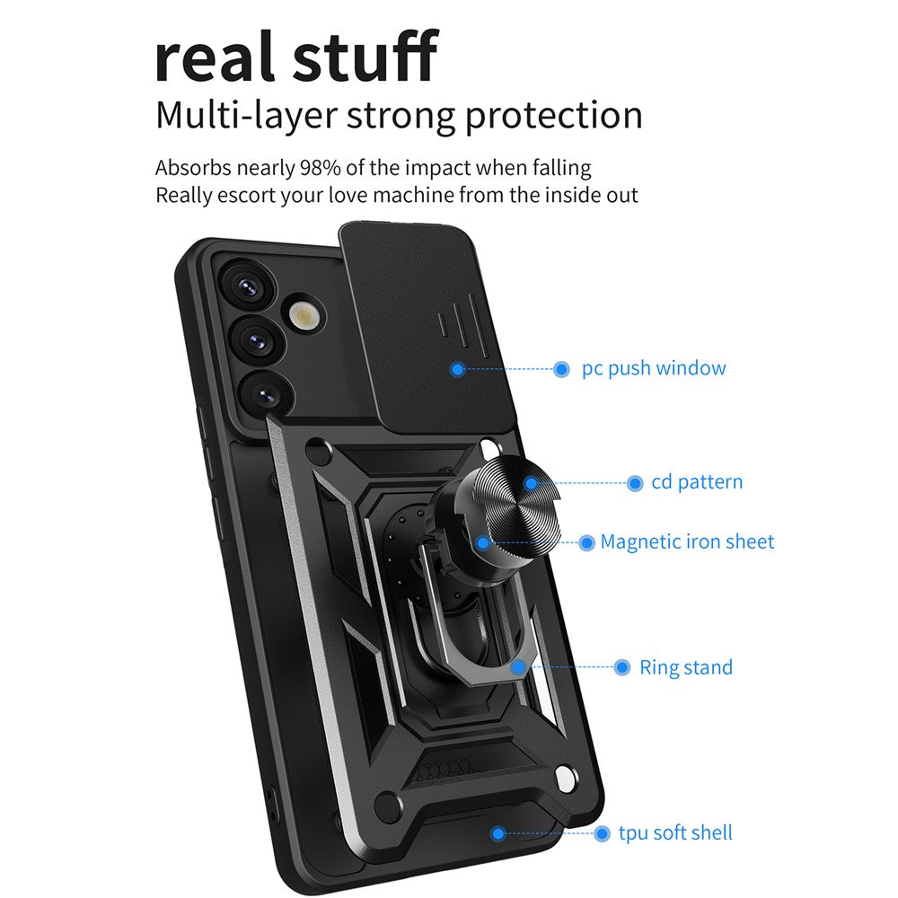 For Samsung Galaxy S25 Case with Slide Camera Lid PC+TPU Kickstand Phone Cover