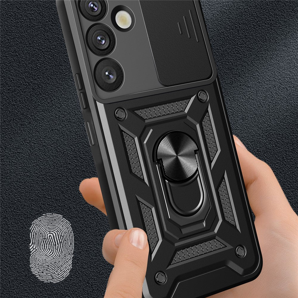 For Samsung Galaxy S25 Case with Slide Camera Lid PC+TPU Kickstand Phone Cover