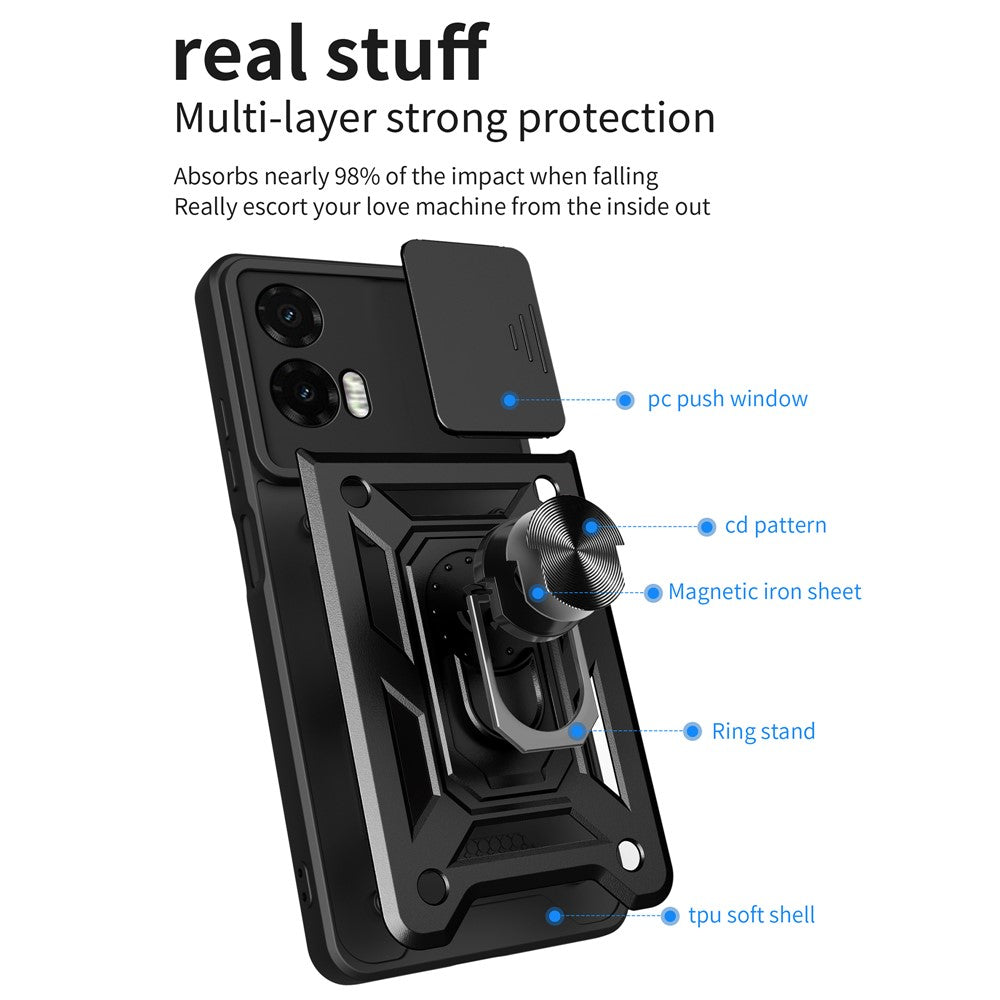 Til Motorola Moto G35 5G Cover med Skydekameralåg PC+TPU Støtteben Telefoncover